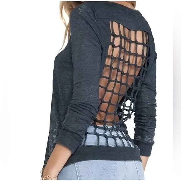 Chaser Grid Cage Back Knot Long Sleeve Tee | Acid Wash Gray | Y2K Vintage | M - Picture 15 of 16